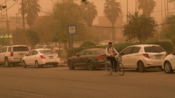 رجل يركب دراجته على طريق خلال عاصفة رملية في أربيل، شمال العراق، في 7 أبريل 2022. - سبوتنيك عربي