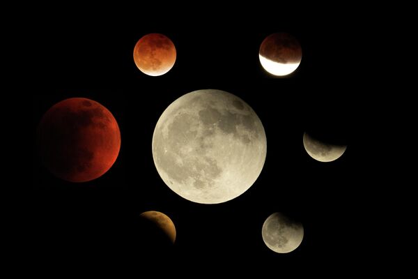 تُظهر هذه المجموعة من الصور القمر في مراحل مختلفة من الخسوف الكلي في تمبل سيتي بكاليفورنيا، 15 مايو 2022 - سبوتنيك عربي