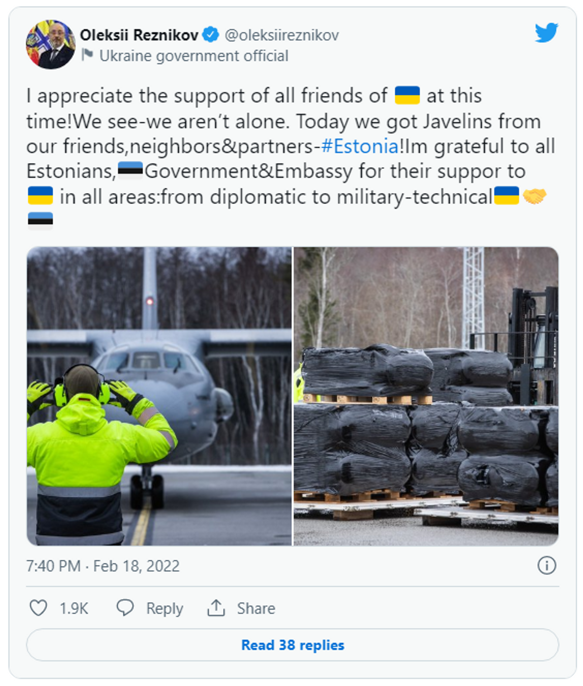 صورة عن تغريدة لوزير الدفاع الأوكراني أوليكسي ريزنيكوف يشكر إستونيا لتزويدها بأنظمة جافلين المضادة للدبابات. - سبوتنيك عربي, 1920, 02.06.2022