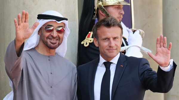 الرئيس الفرنسي، إيمانويل ماكرون، مع نظيره الإماراتي، الشيخ محمد بن زايد آل نهيان، في قصر الإليزيه، فرنسا، 18 يوليو/ تموز 2022 - سبوتنيك عربي