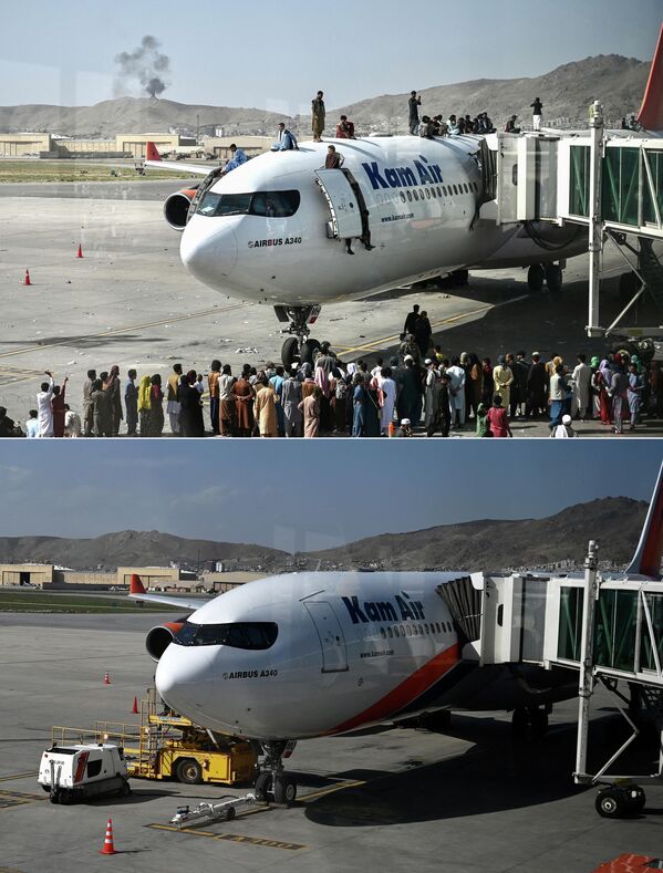 تُظهر هذه المجموعة من الصور التي تم إنشاؤها في 10 أغسطس 2022 (أعلى) أفغانًا يتسلقون فوق طائرة أثناء انتظارهم في مطار كابول في كابول في 16 أغسطس 2021، و (أسفل) نفس المنطقة من المطار التي تم التقاطها، في 1 أغسطس 2022.هرع عشرات الآلاف من الرجال والنساء والأطفال الأفغان إلى مطار كابول قبل عام في محاولة يائسة للفرار من حركة &quot;طالبان&quot;. - سبوتنيك عربي