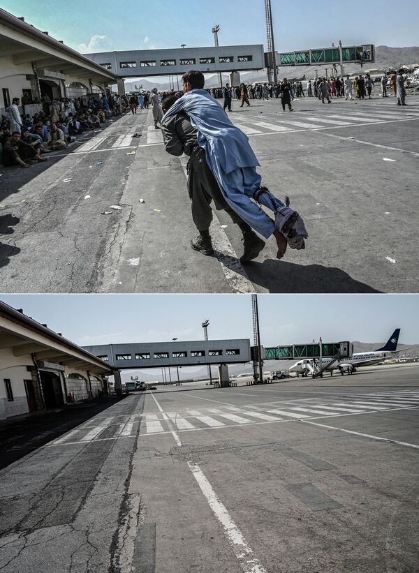 تُظهر هذه المجموعة من الصور التي تم التقاطها في 10 أغسطس 2022 (أعلى) متطوعًا يحمل رجلًا مصابًا بينما ينتظر الآخرون في مطار كابول في كابول في 16 أغسطس 2021، و (أسفل) نفس المنطقة من المطار التي تم التقاطها. 1 أغسطس 2022. - سبوتنيك عربي
