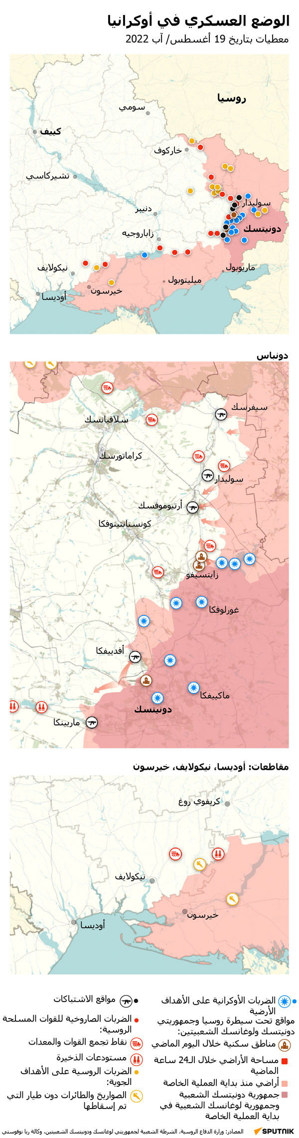 خريطة العملية العسكرية الروسية الخاصة في أوكرانيا ليوم 19 أغسطس 2022 - سبوتنيك عربي