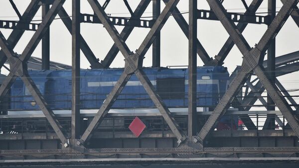 قطار يعبر جسر الصداقة، الذي يمتد على نهر يالو بين الصين وكوريا الشمالية، في مدينة داندونغ الصينية الحدودية، في مقاطعة لياونينغ شمال شرق الصين، 22 فبراير/ شباط 2019 - سبوتنيك عربي