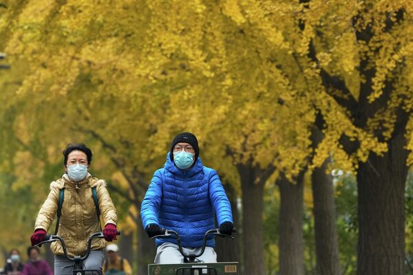 سكان يرتدون كمامات يمرون بأشجار الجنكة الملونة بالخريف على طول أحد شوارع بكين، الصين 30 أكتوبر 2022. - سبوتنيك عربي