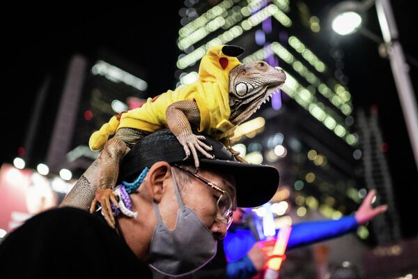 حيوان الإغوانا يرتدي زي شخصية &quot;بوكيمون&quot; ويجلس على رأس رجل أثناء مشاركته في احتفالات عيد الهالوين في منطقة شيبويا بطوكيو، اليابان 30 أكتوبر 2022. - سبوتنيك عربي