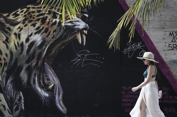 سائحة تسير أمام لوحة جدارية لجاكوار في جزيرة سان أندريس، كولومبيا، 7 نوفمبر 2022. - سبوتنيك عربي