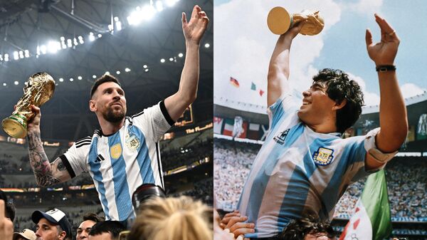 المهاجم الأرجنتيني ليونيل ميسي (يسار) وهو يحمل كأس العالم بعد فوزه على فرنسا خلال المباراة النهائية لكأس العالم 2022 ،  ودييغو مارادونا (يمينا) يحمل كأس العالم التي فاز بها فريقه بعد فوزه 3-2 على ألمانيا الغربية في 29 يونيو 1986  - سبوتنيك عربي