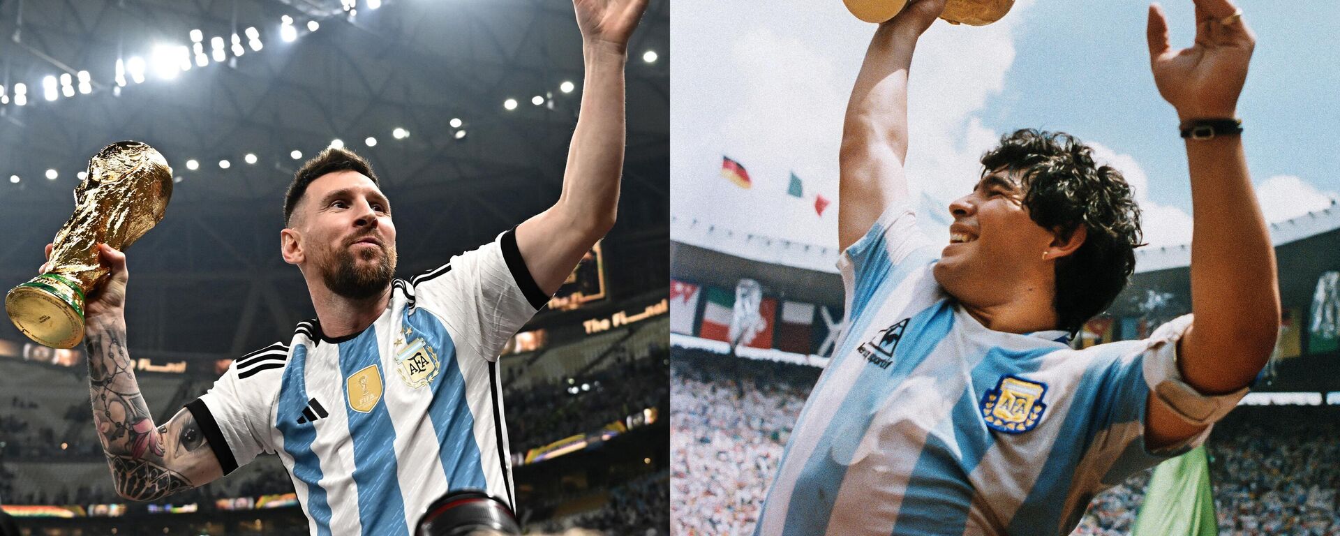 المهاجم الأرجنتيني ليونيل ميسي (يسار) وهو يحمل كأس العالم بعد فوزه على فرنسا خلال المباراة النهائية لكأس العالم 2022 ،  ودييغو مارادونا (يمينا) يحمل كأس العالم التي فاز بها فريقه بعد فوزه 3-2 على ألمانيا الغربية في 29 يونيو 1986  - سبوتنيك عربي, 1920, 19.12.2022