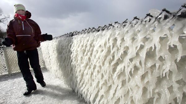 لورين باسيل من كلارنس، نيويورك، تنظر إلى الجليد الذي تهب عليه الرياح على السياج في الفناء الأمامي لصديقتها على طول شاطئ بحيرة إيري في هامبورغ، ولاية نيويورك، 17 فبراير 2006 - سبوتنيك عربي