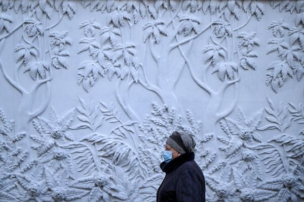 امرأة مسنة ترتدي كمامة تمشي في موسكو ، ودرجة حرارة الهواء حوالي 16 درجة مئوية تحت الصفر، 9 يناير 2023 - سبوتنيك عربي