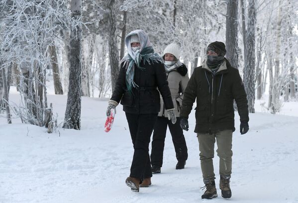 يسير الناس في الغابة على ضفاف نهر ينيسي عند -33 درجة مئوية بالقرب من كراسنويارسك الروسية. - سبوتنيك عربي