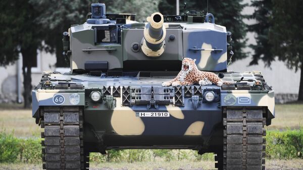 دمية لفهد وضع على دبابة ليوبارد 2 خلال حفل تسليم الدبابات في قاعدة الجيش المجري بتاريخ في 24 يوليو 2020 - سبوتنيك عربي