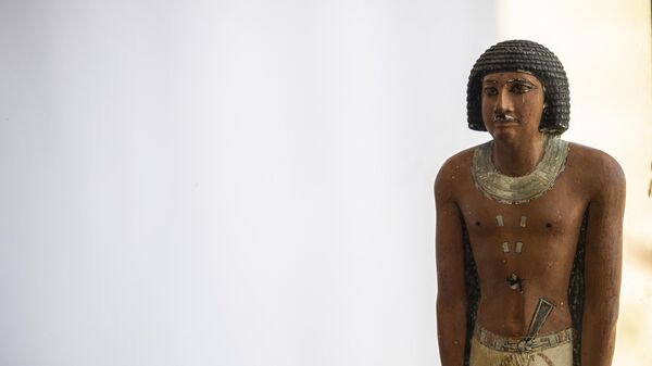 Статуя фараона выставлена на всеобщее обозрение во время пресс-конференции на археологическом объекте Саккара, Египет - سبوتنيك عربي