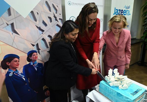 كعكة بمناسبة إطلاق رحلات شركة الطيران الجزيرة الجديدة في مطار دوموديدوفو الدولي، روسيا 2 فبراير 2023 - سبوتنيك عربي