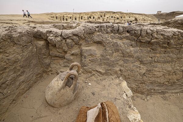 يتم عرض القطع الأثرية المكتشفة حديثًا في مقبرة سقارة جنوب القاهرة، حيث اكتشف علماء الآثار ورشتي تحنيط للإنسان والحيوان، بالإضافة إلى مقبرتين، في 27 مايو 2023. - سبوتنيك عربي