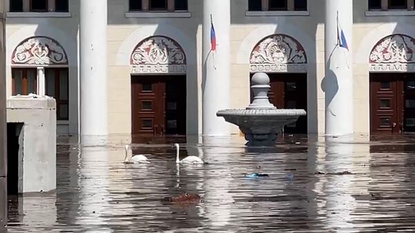 قصر الثقافة في مدينة نوفا كاخوفكا التي غمرتها المياه نتيجة القصف الأوكراني لمحطة الطاقة الكهرومائية في المدينة  - سبوتنيك عربي