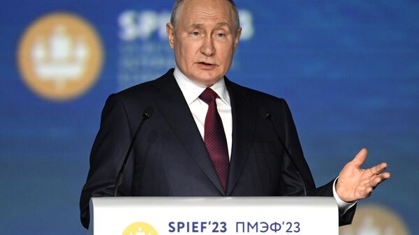 الرئيس الروسي فلاديمير بوتين في منتدى سانت بطرسبورع الاقتصادي الدولي - سبوتنيك عربي