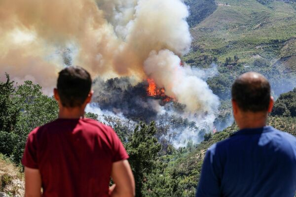 السكان المحليون ينظرون إلى حريق غابات في بيلين، قرب إسكندرونة، جنوب تركيا، يوم 16 يوليو 2023. - سبوتنيك عربي