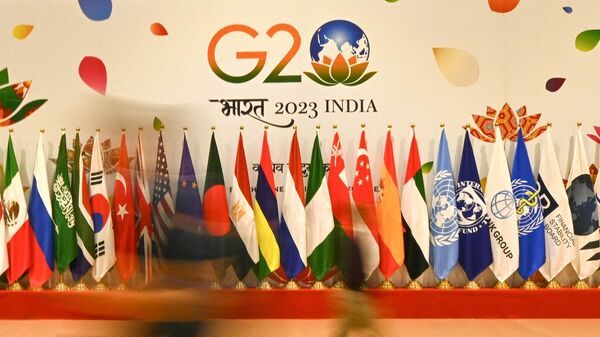 أعلام الدول المشاركة في قمة قادة مجموعة العشرين، المنطلقة في نيودلهي، الهند، 7 سبتمبر/ أيلول 2023 - سبوتنيك عربي