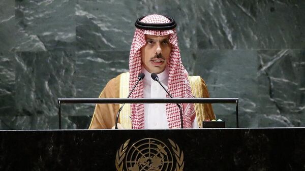 وزير الخارجية السعودي، الأمير فيصل بن فرحان، يلقي كلمته في الجمعية العامة للأمم المتحدة الـ78، نيويورك، 23 سبتمبر/ أيلول 2023 - سبوتنيك عربي