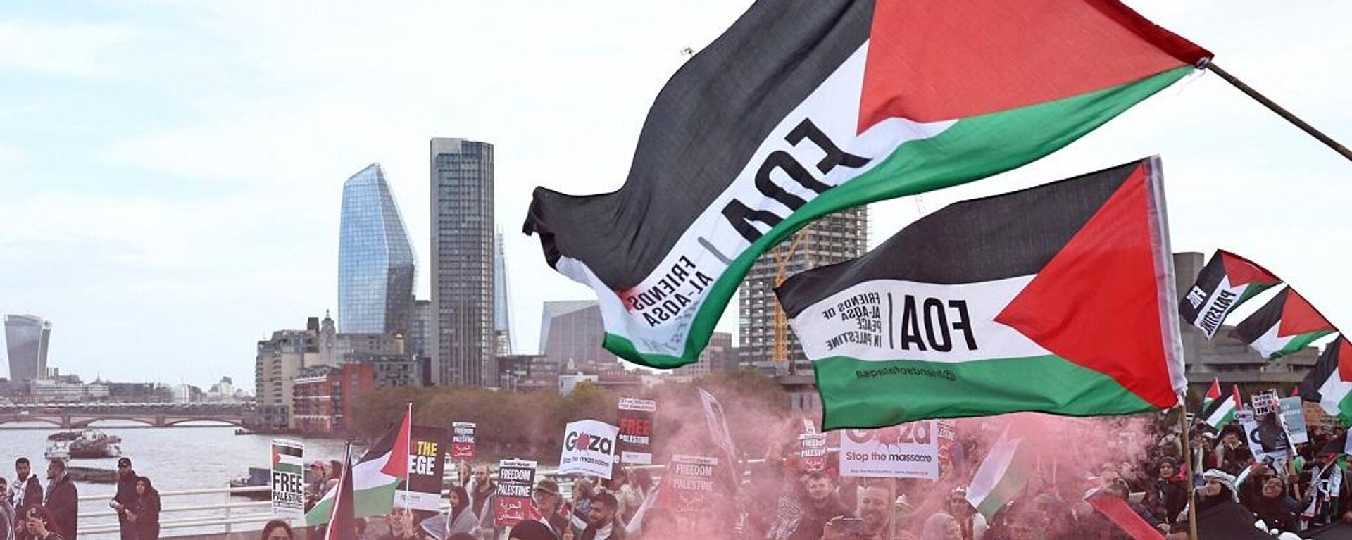 أشخاص يرفعون لافتات ويلوحون بالأعلام الفلسطينية أثناء عبورهم جسر واترلو خلال مسيرة من أجل فلسطين في لندن، 28 أكتوبر/ تشرين الأول 2023 - سبوتنيك عربي, 1920, 29.11.2023