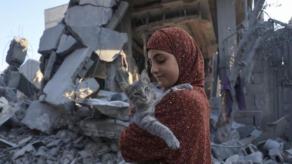 فتاة فلسطينية تحمل قطة وهي تتفقد الأضرار الناجمة عن القصف الإسرائيلي في رفح بجنوب قطاع غزة، 18 أكتوبر 2023 - سبوتنيك عربي