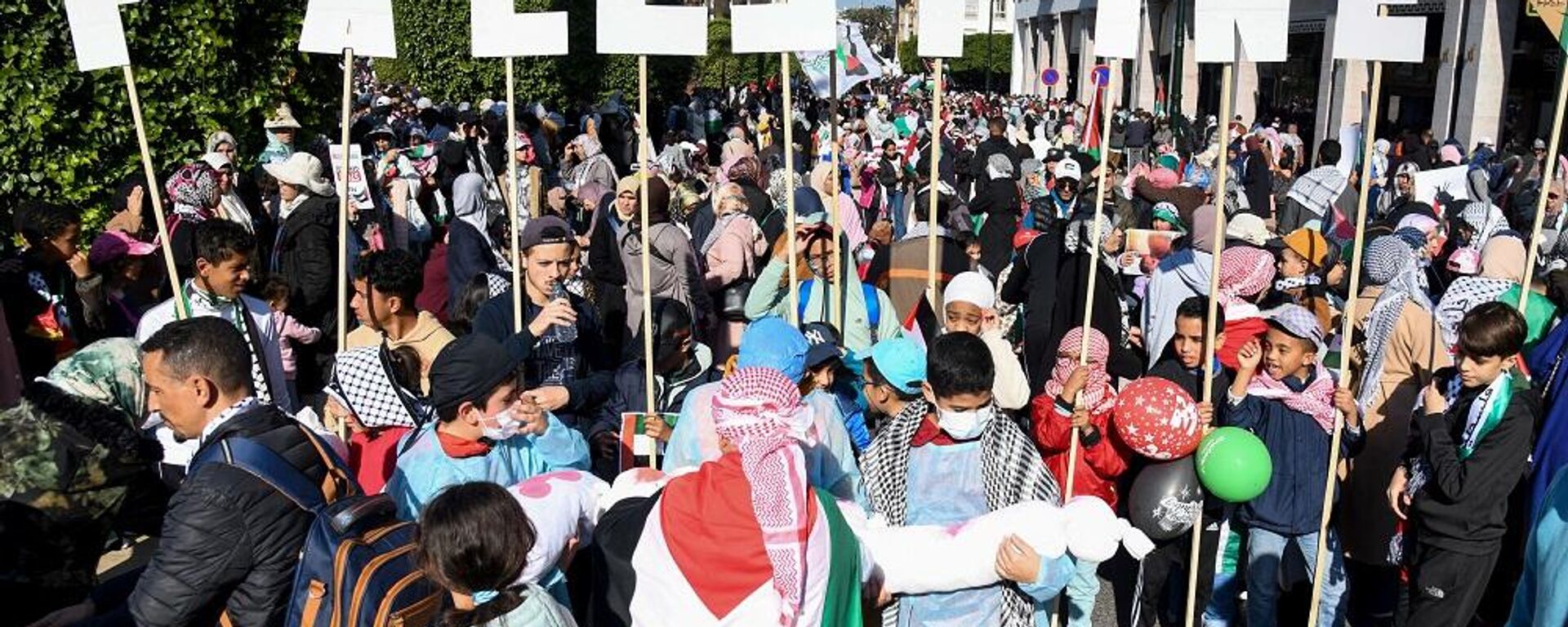 مغاربة يرفعون اللافتات والأعلام الفلسطينية خلال تظاهرة في الرباط تضامنا مع غزة، 24 ديسمبر/ كانون الأول 2023 - سبوتنيك عربي, 1920, 25.12.2023
