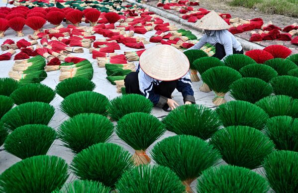 عمال يقومون بإعداد أعواد البخور في فناء في قرية كوانغ فو كاو على مشارف العاصمة هانوي، فيتنام 20 يناير 2024. - سبوتنيك عربي