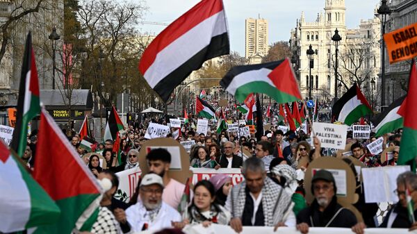 آلاف المتظاهرين في 20 مدينة إسبانية على رأسها العاصمة مدريد يتظاهرون ضد الحرب الإسرائيلية على غزة 27 يناير 2024 - سبوتنيك عربي