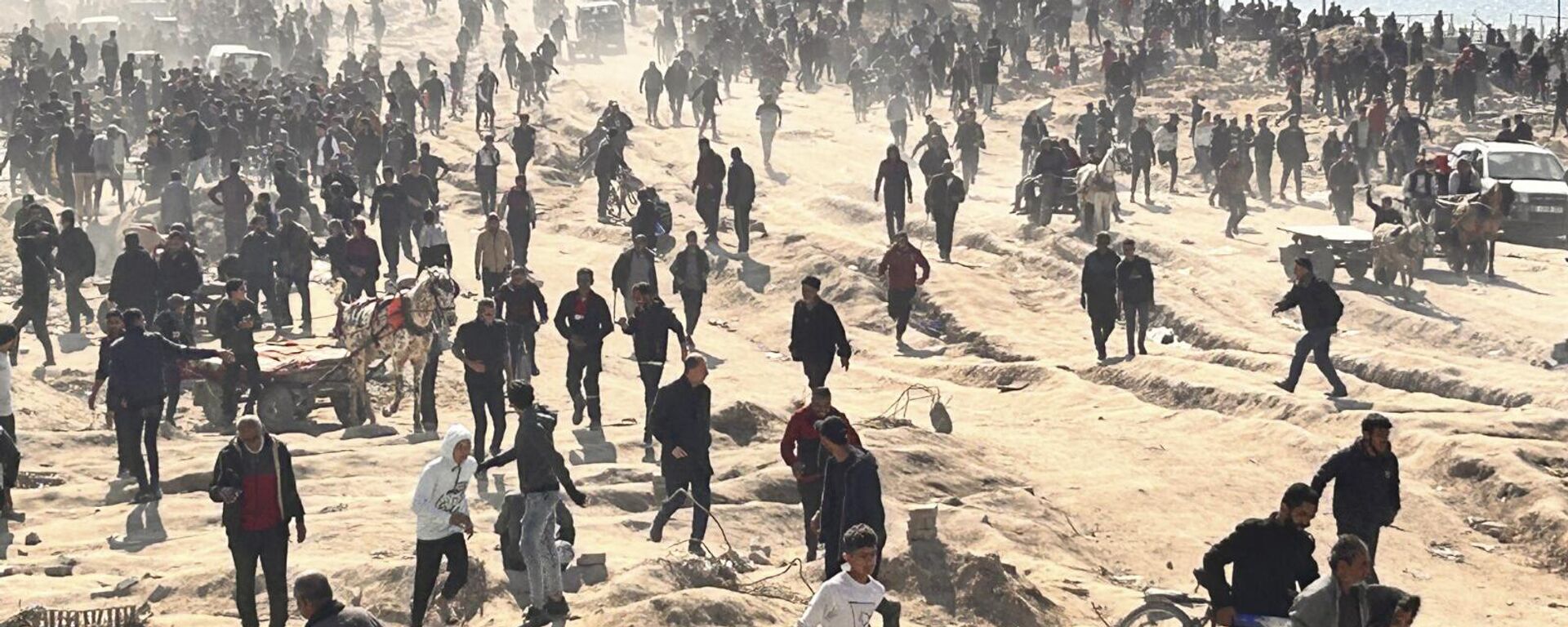 فلسطينيون ينتظرون المساعدات الإنسانية على شاطئ البحر في مدينة غزة، قطاع غزة، 25 فبراير 2024. - سبوتنيك عربي, 1920, 26.03.2024