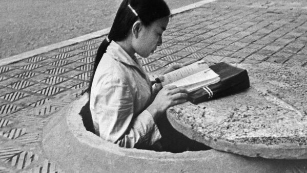 امرأة من هانوي (عاصمة فيتنام)  تقرأ كتابًا خلال فترة الاستراحة بين الغارات. - سبوتنيك عربي