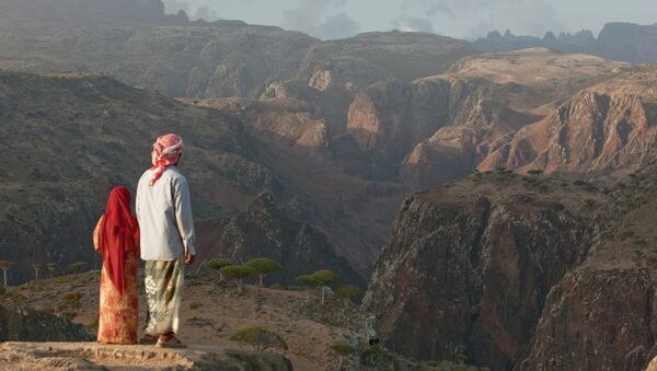 رجل وطفلة من اليمن ينظرون الى المناظر الطبيعية الخلابة فى جبال الحجر فى اليمن - سبوتنيك عربي