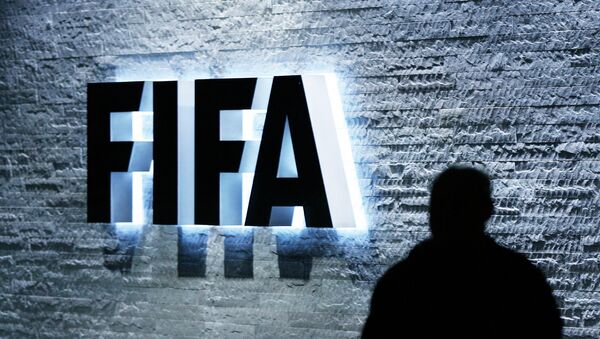 The FIFA logo at the headquarters Zurich, Switzerland - سبوتنيك عربي
