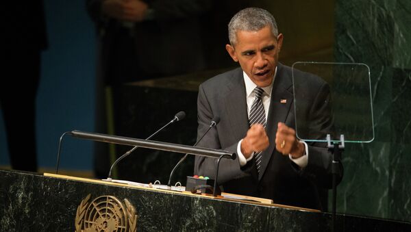 الرئيس الأمريكي باراك أوباما خلال جلسة الجمعية العامة للأمم المتحدة - سبوتنيك عربي