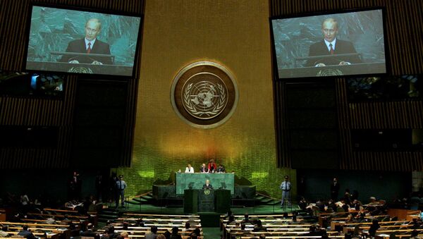 الرئيس الروسي فلاديمير بوتين خلال الجمعية العامة للأمم المتحدة - سبوتنيك عربي
