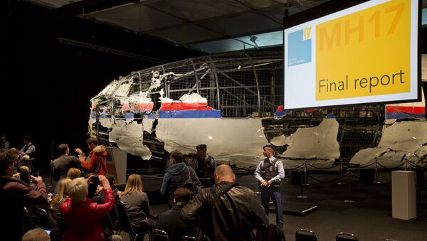 Часть реконструированного сбитого лайнера Boeing 777 Malaysia Airlines рейса MH17 на докладе об обстоятельствах его гибели на Востоке Украины 17 июля 2014 года на военной базе Гилзе-Рейен в Нидерландах - سبوتنيك عربي
