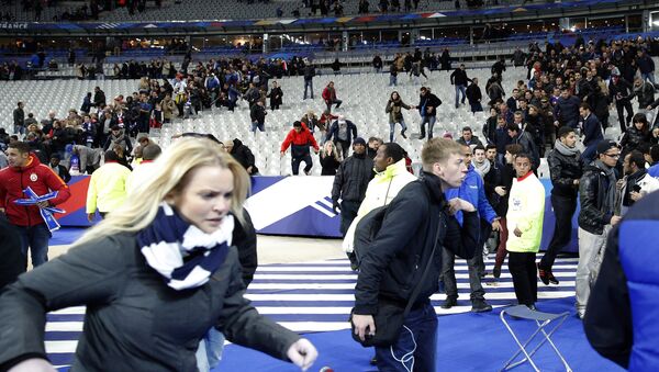 Spectators invade the pitch of the Stade de France stadium after the international friendly soccer match between France and Germany in Saint Denis, outside Paris, Friday, Nov. 13, 2015 - سبوتنيك عربي