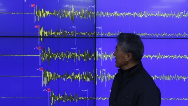 Earthquake and Volcano of the Korea Meteorological Administration Director General Yun Won-tae stands in front of a screen showing seismic waves that were measured in South Korea, in Seoul Wednesday, Jan. 6, 2016 - سبوتنيك عربي