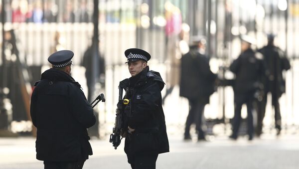 Armed police stand on guard at Downing Street in London, Britain March 22, 2016. Britain's Prime Minister David Cameron said he would chair a crisis response meeting following explosions in Brussels on Tuesday. - سبوتنيك عربي