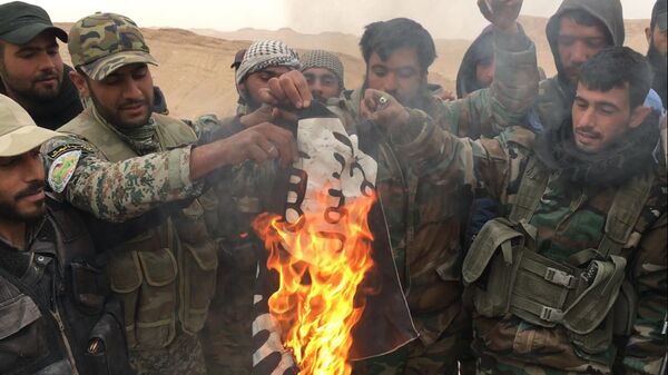 الجيش السوري يحرق علم داعش الذي كان على قلعة تدمر الآثرية - سبوتنيك عربي