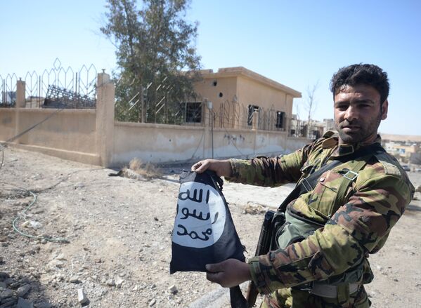 جندي من الجيش العربي السوري يحمل علم تنظيم داعش في مدينة القريتين، وذلك بعد تحريرها من التنظيم. - سبوتنيك عربي