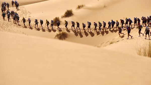 المشاركون في الماراثون في الجزء الغربي من الصحراء (مسافة الـ 257 كم)، 10 أبريل/ نيسان 2016 - سبوتنيك عربي