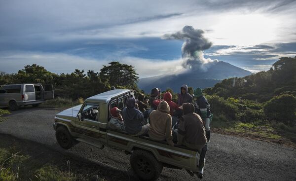 المزارعون ينظرون إلى ثورة البركان في كوستاريكا، 20 مايو/ آيار 2016. - سبوتنيك عربي
