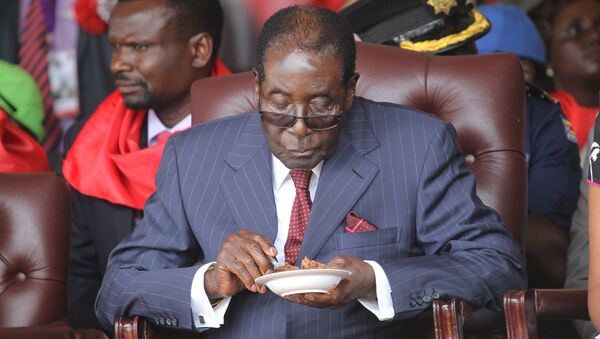 رئيس الزيمبابوي روبيرت موغابي يأكل قطعة الكيك خلال الاحتفال بعيد ميلاده الـ 92، عام 2016 - سبوتنيك عربي