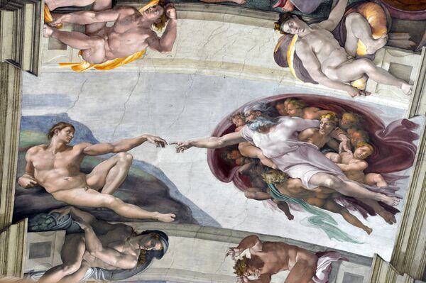 زخرفة سقف كنيسة سيستينا بالفاتيكان يعتبر من الأعمال الفنية الضخمة للفنان مايكل آنجلو قام برسمها بين 1508 و 1512 ويعتبر إحدى قمم فن عصر النهضة. - سبوتنيك عربي