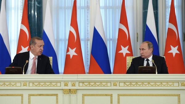 رئيس تركيا رجب طيب أردوغان لدى لقاء رئيس روسيا فلاديمير بوتين في سان بطرسبورغ - سبوتنيك عربي