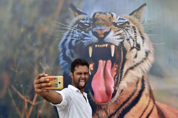 رجل هندي يأخذ صورة سيلفي له على خلفية جدارية كبيرة لحيوان النمر ، خلال مهرجان بهرات باراف في نيودلهي، الهند 18 أغسطس/ آب 2016 - سبوتنيك عربي