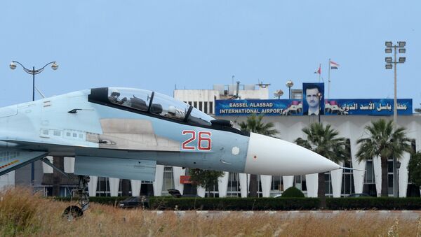 A Russian Su-30 aircaft on a runway at the Hmeimim airbase in Syria - سبوتنيك عربي