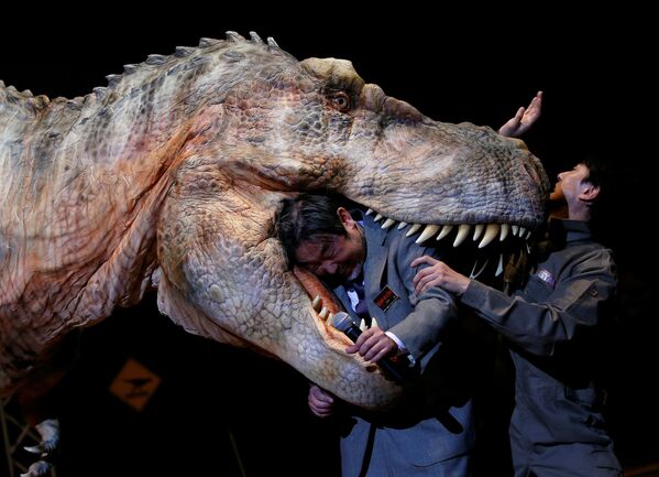 المدير العام كازيوا كانيمارو لشركة يابانية أون-آرت (On-Art) يقوم بعرض ديناصور آلي TRX03 في طوكيو، اليابان 10 نوفمبر/ تشرين الثاني 2016 - سبوتنيك عربي